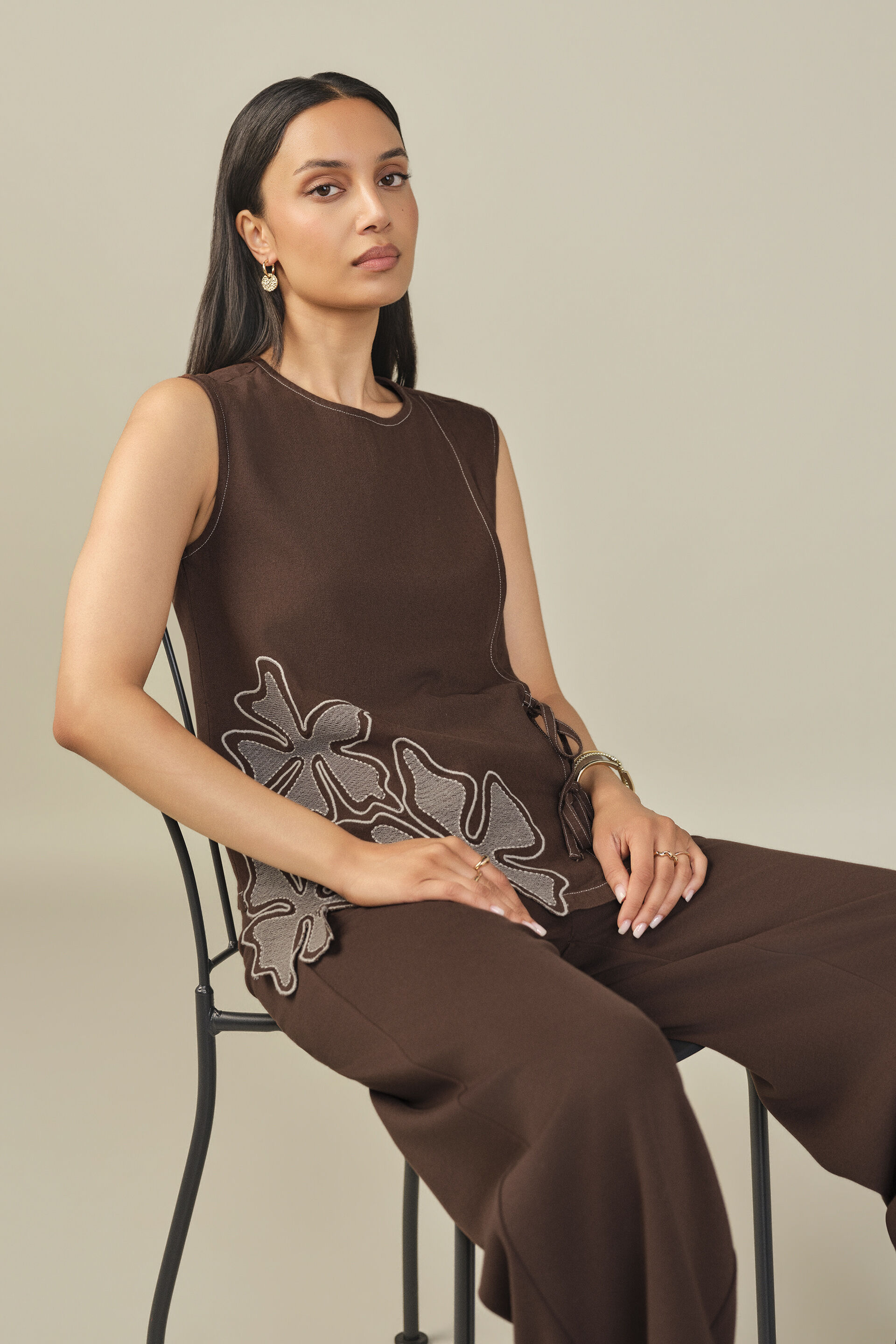 Floral Embroidered Tie-up Top in Brown, Brown, image 3